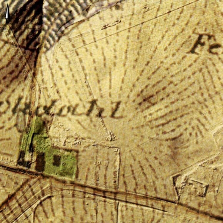 Kartenausschnitt der Uraufnahme 1835-1850, 1:2000, hinterlegt mit einer plastischen Wiedergabe der Geländeformen als Schummerung.