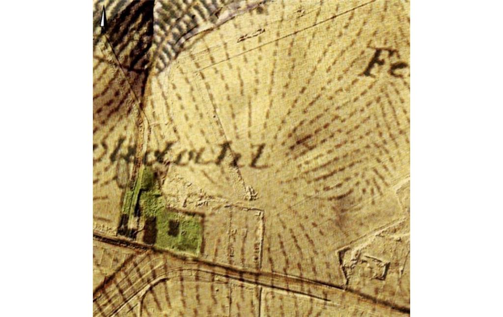 Kartenausschnitt der Uraufnahme 1835-1850, 1:2000, hinterlegt mit einer plastischen Wiedergabe der Geländeformen als Schummerung.