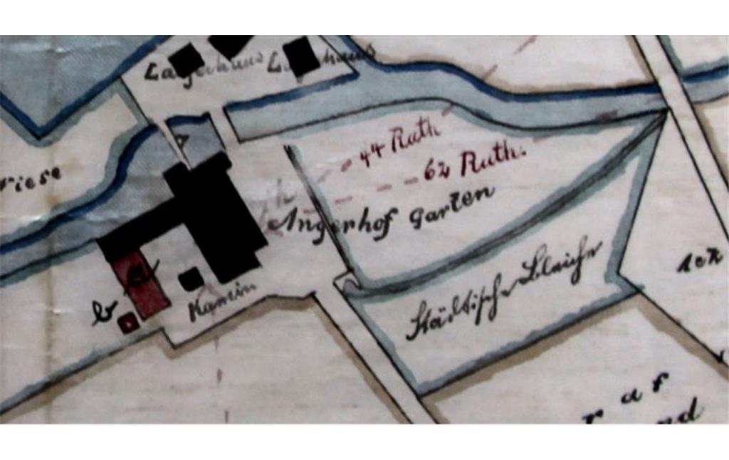 Ausschnitt aus dem Situationsplan vom 7. Januar 1885 mit den Gebäuden und der näheren Umgebung der Papiermühle am Angerbach in Ratingen (Stadtarchiv Ratingen)
