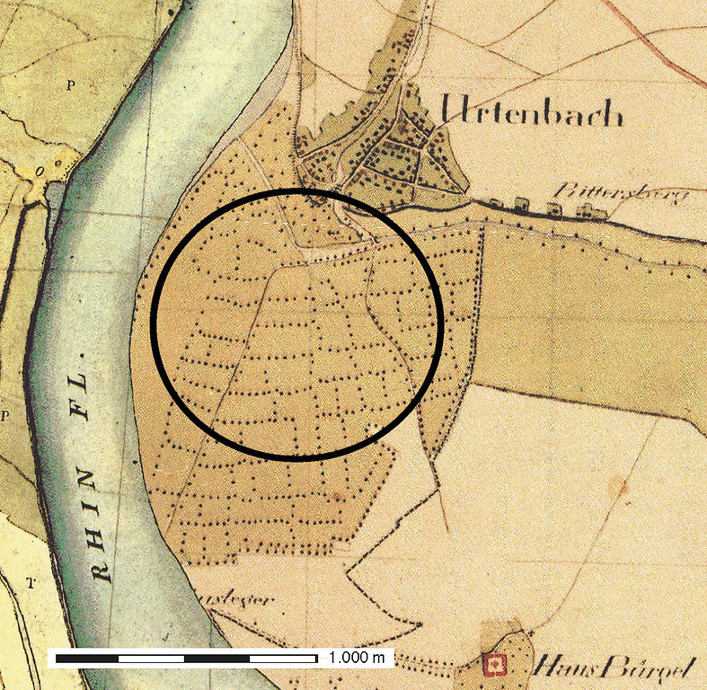 Ausschnitt aus der so genannten Tranchot-Karte (Kartenaufnahme der Rheinlande 1:25.000; Tranchot/von Müffling, 1801-1828, Blatt 4807r Hilden), markiert sind Baumbestände südlich von Urdenbach.