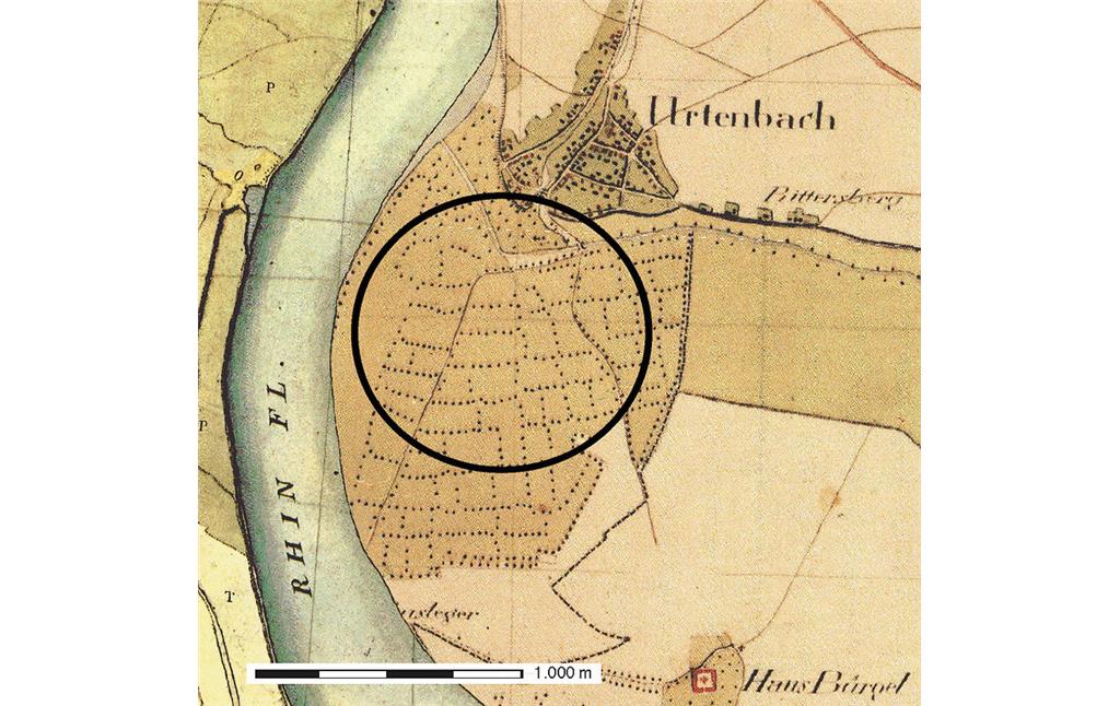 Ausschnitt aus der so genannten Tranchot-Karte (Kartenaufnahme der Rheinlande 1:25.000; Tranchot/von Müffling, 1801-1828, Blatt 4807r Hilden), markiert sind Baumbestände südlich von Urdenbach.