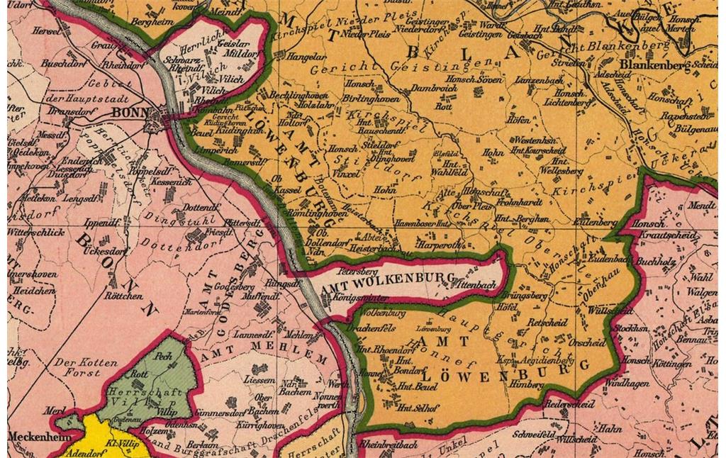 Ausschnitt aus der "Karte der politischen und administrativen Eintheilung der der heutigen preussischen Rheinprovinz für das Jahr 1789" (Geschichtlicher Atlas der Rheinprovinz, 1894).