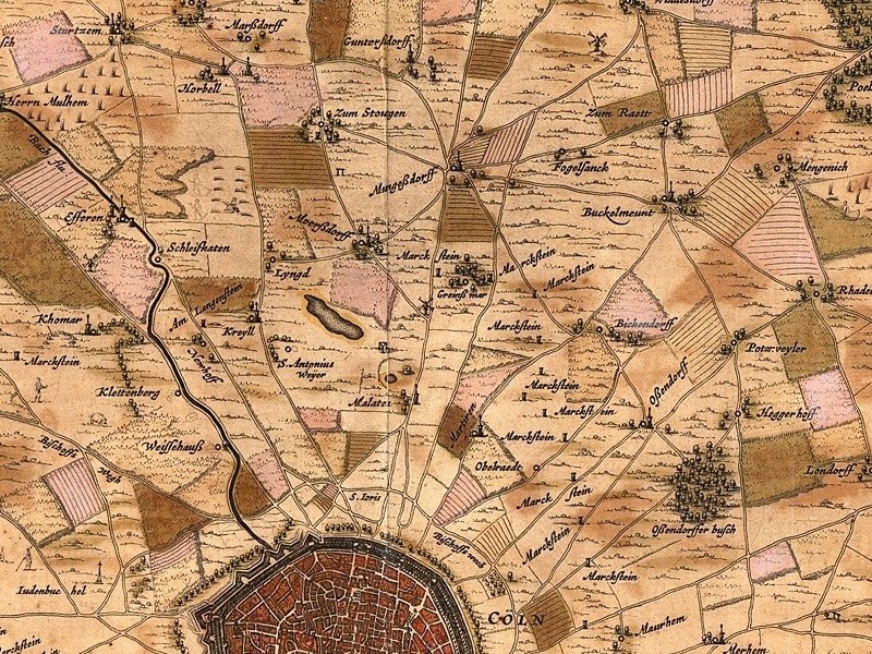 Ausschnitt eines Kupferstichs von Joan Blaeu (1596-1673), die auf 1663 datierte Karte "Descriptio Agri Civitatis Coloniensis" zeigt die Umgebung von Köln.