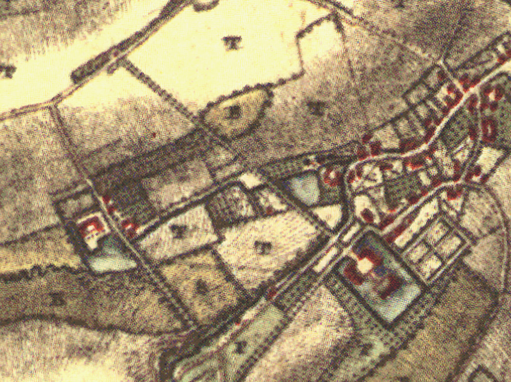 Ausschnitt aus der historischen Karte von Tranchot / von Müffling von 1801-1828. Zu erkennen ist der zum Schloß Bachem führende Pappelweg und der Ort Bachem im Osten.