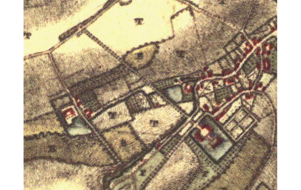 Ausschnitt aus der historischen Karte von Tranchot / von Müffling von 1801-1828. Zu erkennen ist der zum Schloß Bachem führende Pappelweg und der Ort Bachem im Osten.