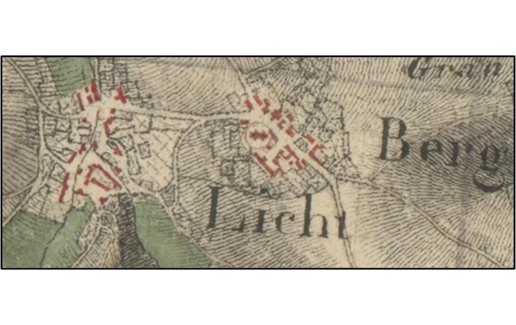 Ausschnitt aus der Kartenaufnahme der Rheinlande durch Tranchot und v. Müffling mit den Ortslagen Berg und Licht Anfang des 19. Jahrhunderts (1803-1820)