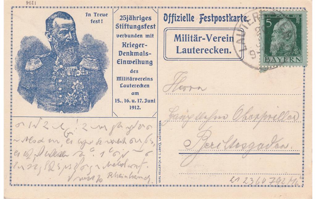 Historische Postkarte Rückseite Kriegerdenkmal (1912).