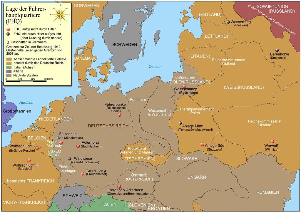 Thematische Karte zum Zweiten Weltkrieg 1939-1945, eingezeichnet sind die Lagen der verschiedenen Führerhauptquartiere (FHQ) (2013).