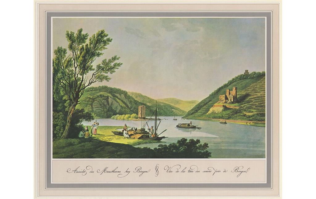 Historische Ansicht vom Rhein bei Bingen mit dem Mäuseturm und der Burgruine Ehrenfels. Aquarellierter Kupferstich aus dem Jahr 1792 von Johann Andreas Ziegler (1749-1802).