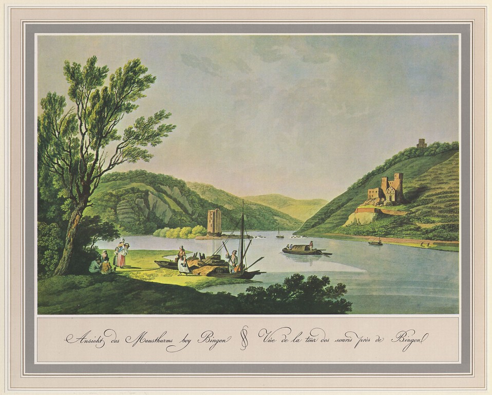 Historische Ansicht vom Rhein bei Bingen mit dem Mäuseturm und der Burgruine Ehrenfels. Aquarellierter Kupferstich aus dem Jahr 1792 von Johann Andreas Ziegler (1749-1802).