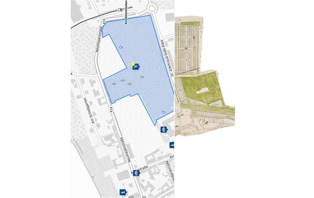 Vergleich des Schlossparks in Kirchheimbolanden früher (18. Jahrhundert) und heute (2024)