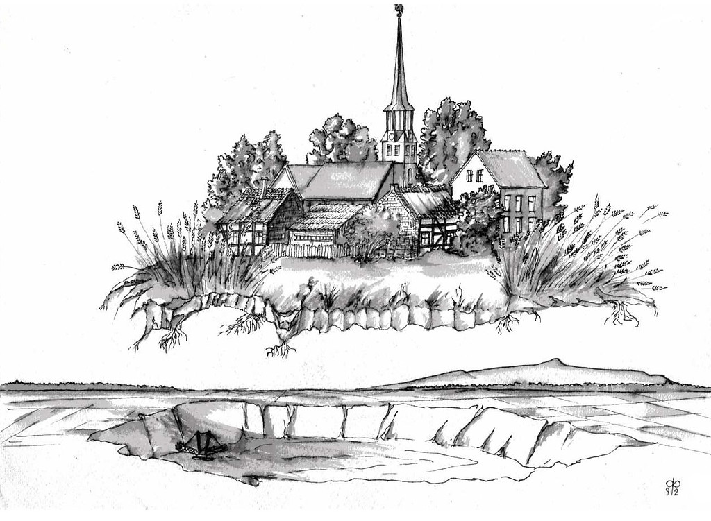 Zeichnung von Johannes Mausbach: Die Pfarrkirche St. Hubertus und umliegende Häuser in Etzweiler, davor eine Grube mit Schaufelradbagger.