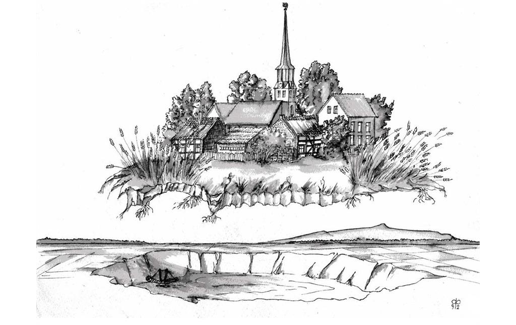 Zeichnung von Johannes Mausbach: Die Pfarrkirche St. Hubertus und umliegende Häuser in Etzweiler, davor eine Grube mit Schaufelradbagger.