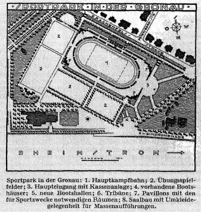 Lageplan zu den Sportanlagen und weiteren Einrichtungen im "Sportpark in der Gronau" in Bonn (1928).