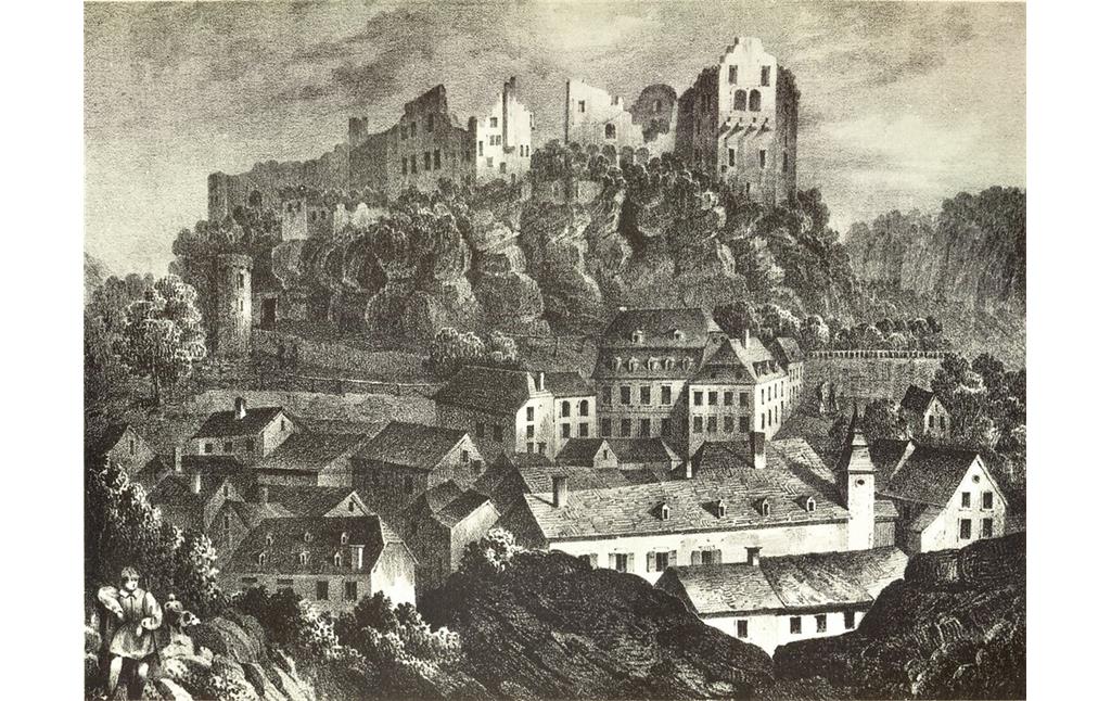 Historische Zeichnung der Burgruine und des Orts Fels in Luxemburg: "D'Ruine vun der Buerg an der Fiels" von Jean-Pierre Schmit und Nicolas Liez (1834).