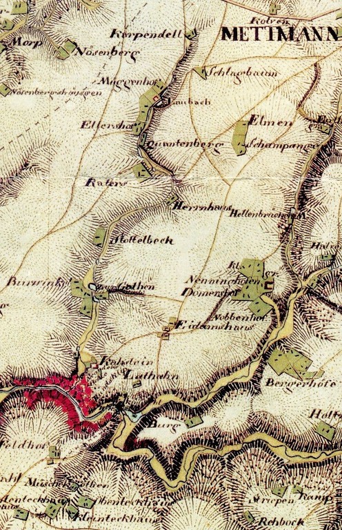 Ausschnitt aus der Kartenaufnahme der Rheinlande unter v. Müffling (1824-1825), 4707 Mettmann mit dem Verlauf des Laubachs