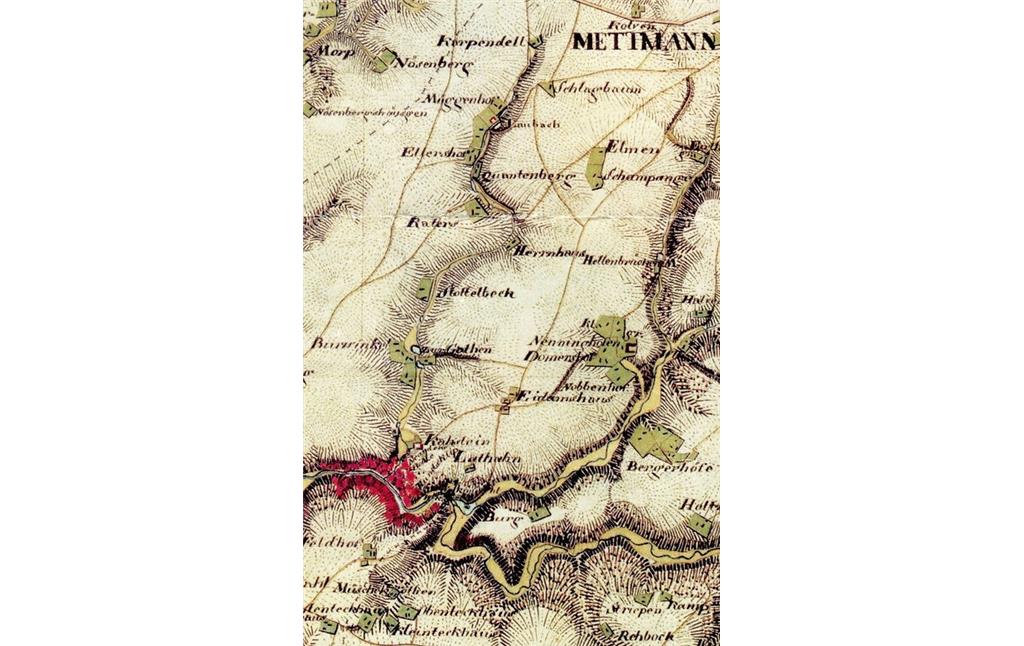 Ausschnitt aus der Kartenaufnahme der Rheinlande unter v. Müffling (1824-1825), 4707 Mettmann mit dem Verlauf des Laubachs