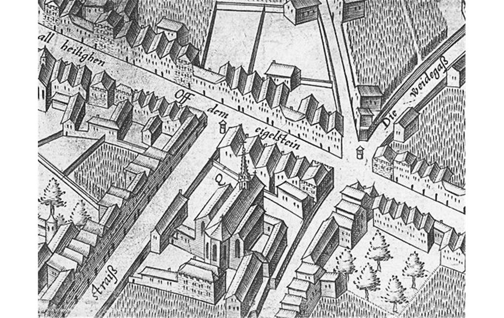 Ausschnitt des Plans der Stadt Köln von Arnold Merkator von 1571 mit dem Kloster und der Kirche der Benediktinerinnen "Zu den heiligen Machabäern"