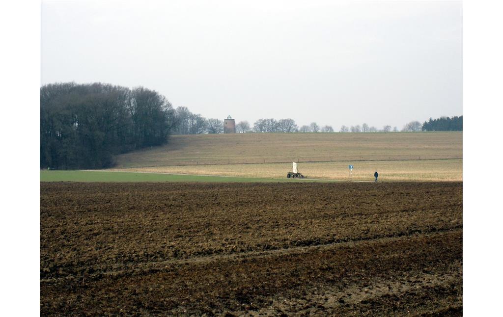 Eine Ackerfläche im Uedemerbruch (2011). Im Hintergrund ist die Hohe Mühle in Uedemerfeld zu erkennen.