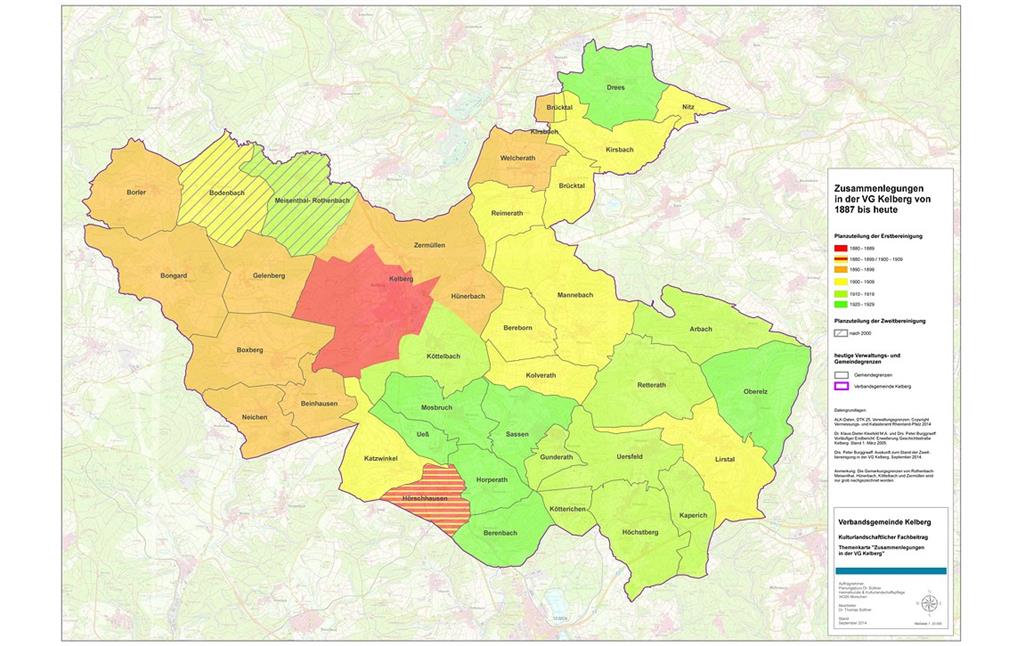 Karte der durchgeführten Zusammenlegungen von 1887 bis heute in der Verbandsgemeinde Kelberg (2014)