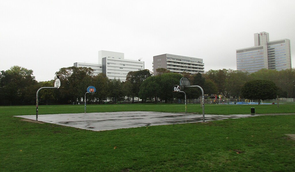 Ein Basketballfeld im Park des Inneren Grüngürtels zwischen Vogelsanger Straße und Venloer Straße (2020), die Spielfläche ist ein früherer Landeplatz des Internationalen Hubschrauber-Flugplatzes "SABENA-Heliport Köln".