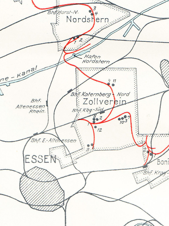 Plan des Eisenbahnnetzes der Zeche Zollverein in Essen um 1940