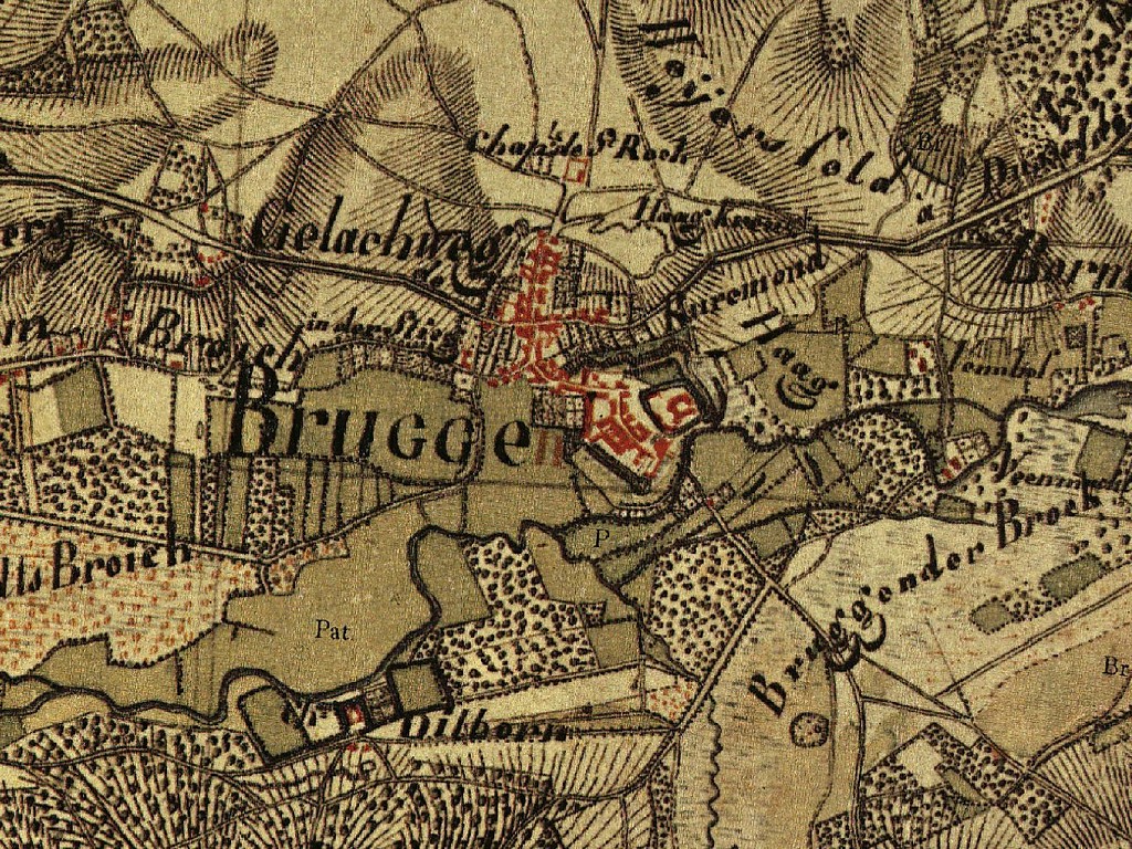 Der historische Burgort Brüggen mit Umland auf einem Ausschnitt der Tranchot-Karte von 1801-1828.