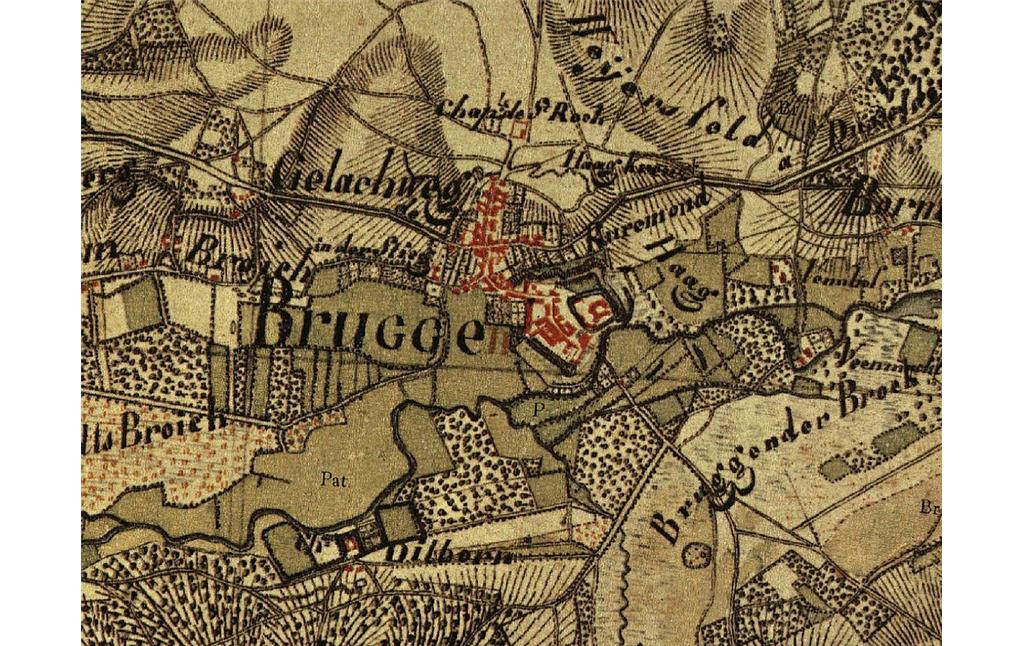 Der historische Burgort Brüggen mit Umland auf einem Ausschnitt der Tranchot-Karte von 1801-1828.