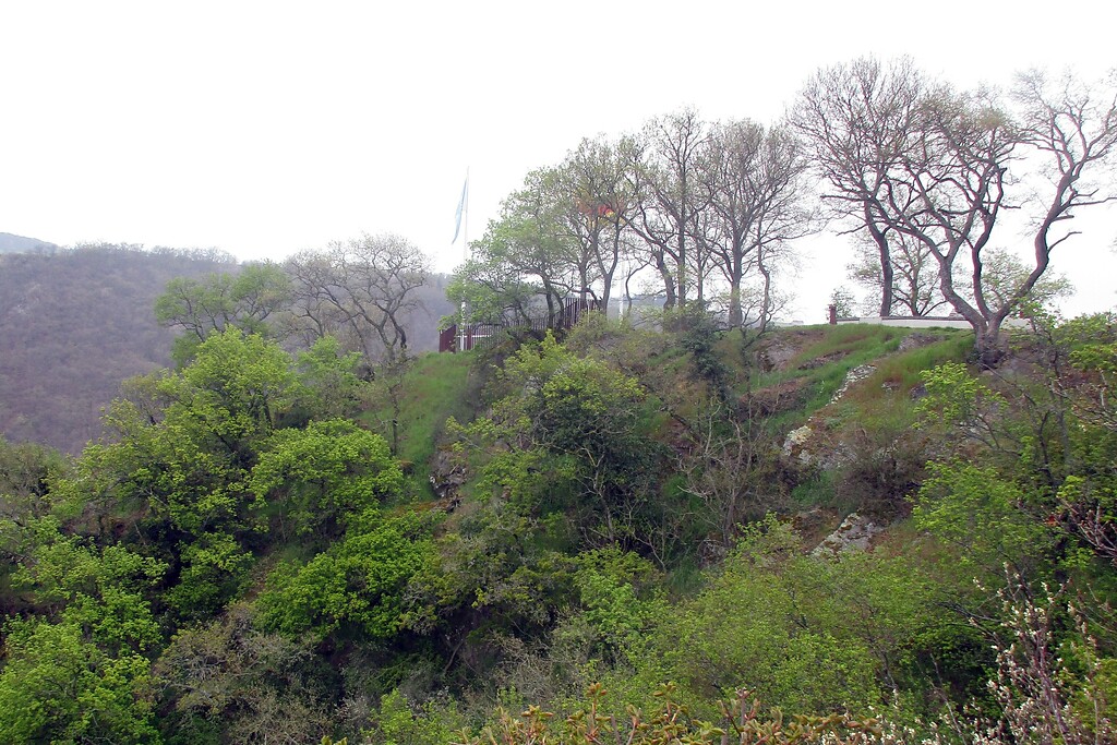 Loreleyplateau: Blick von Süden auf den Aussichtpunkt auf dem oberen Teil des sagenumwobenen Felssporns der Loreley (2021).