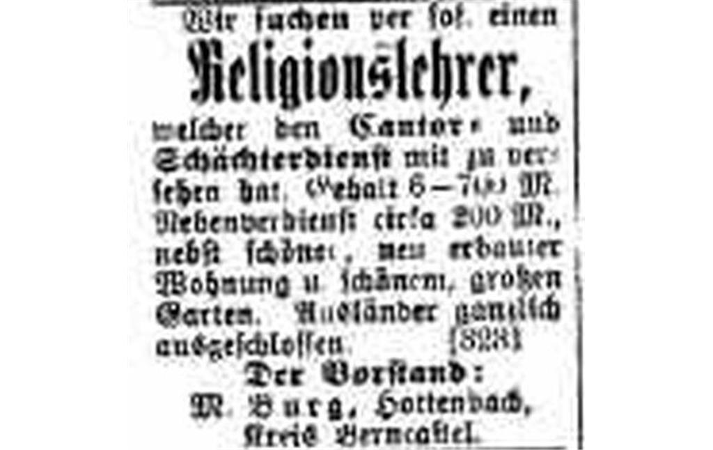 Historischer Zeitungsausschnitt mit Stellengesuch für eine Anstellung als Religionslehrer in der jüdischen Synagoge Hottenbach (um 1900)