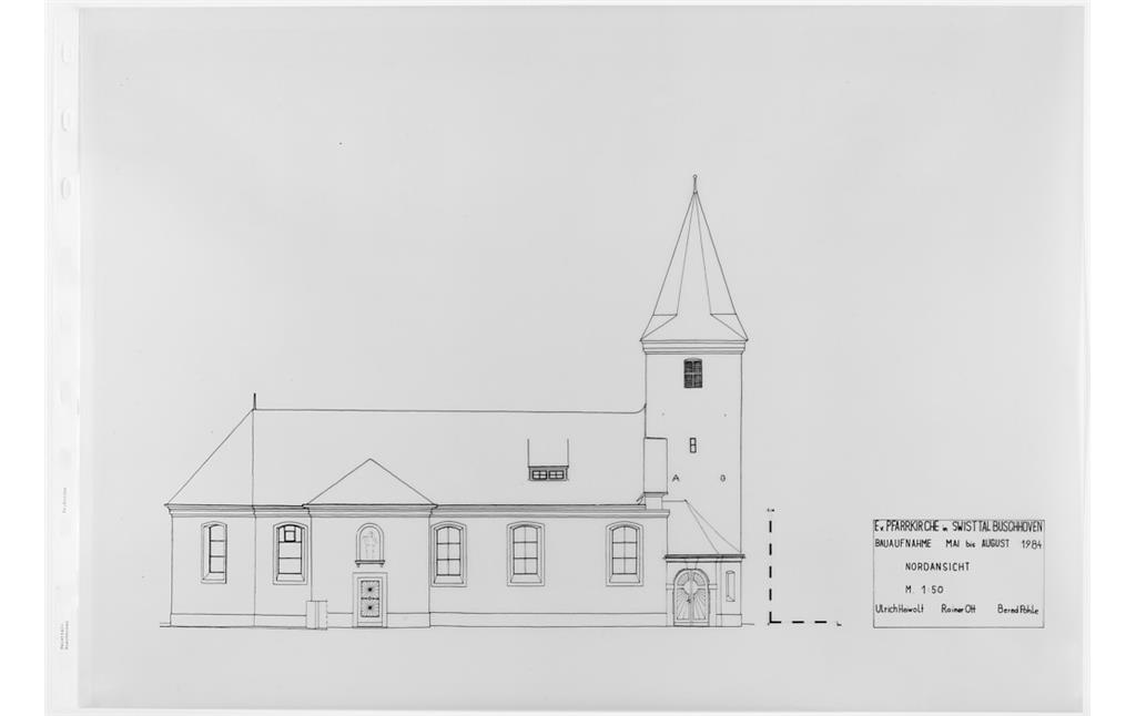 Plan der evangelischen Versöhnungskirche der Bauaufnahme Mai bis August 1984, Nordansicht