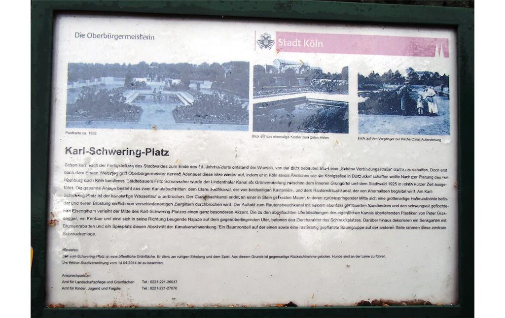 Informationstafel der Stadt Köln über den Karl-Schwering-Platz, der die beiden Lindenthaler Kanäle Rautenstrauch- und Clarenbachkanal miteinander verbindet (2020).