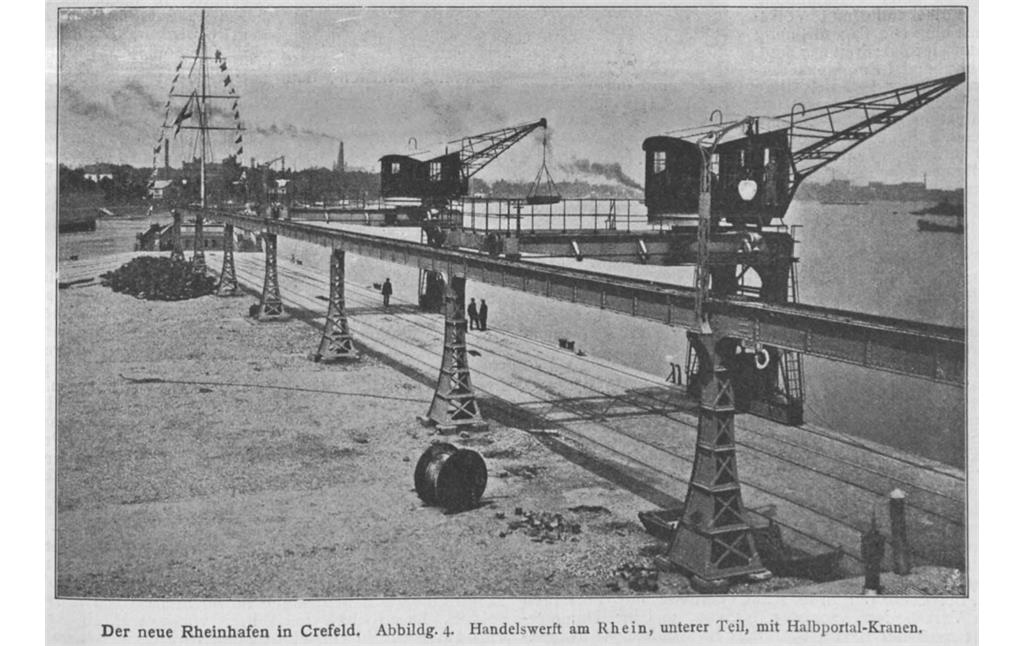 Historische Aufnahme aus der Deutschen Bauzeitung 1906: "Der neue Rheinhafen in Crefeld", im Bild die fahrbaren Halbportal-Krane.