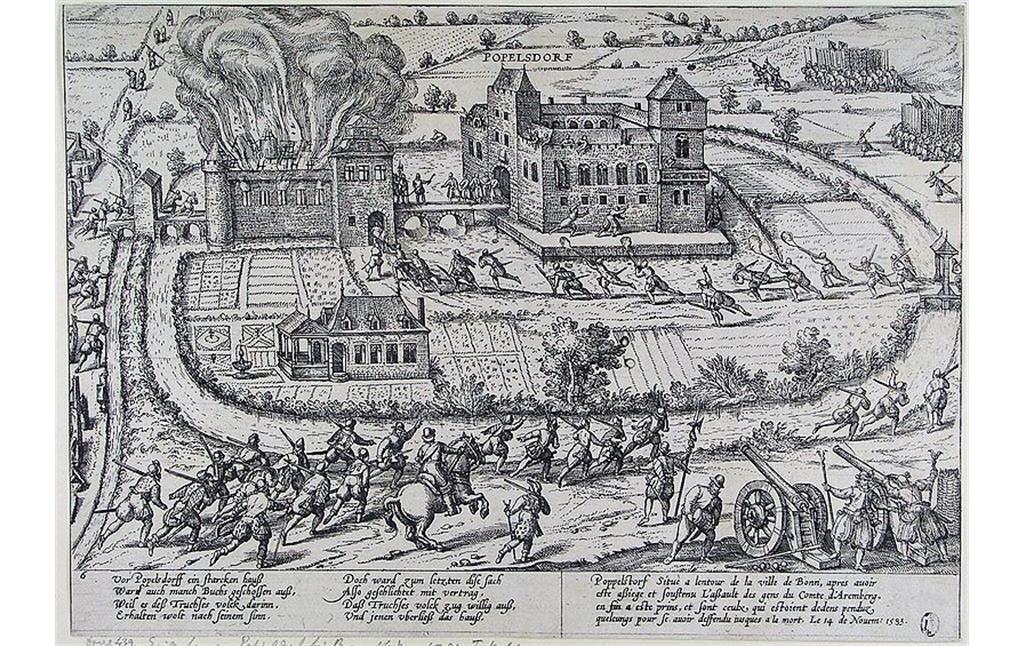 Kupferstich von Frans Hogenberg: Erstürmung der Wasserburg Poppelsdorf am 14. November 1583.