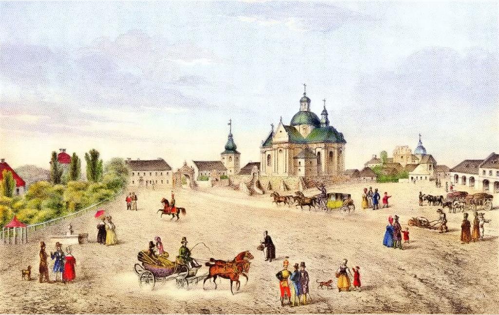 Vicheva Square in Zhovkva in the 19th century (by Carl Auer 1818-1858)