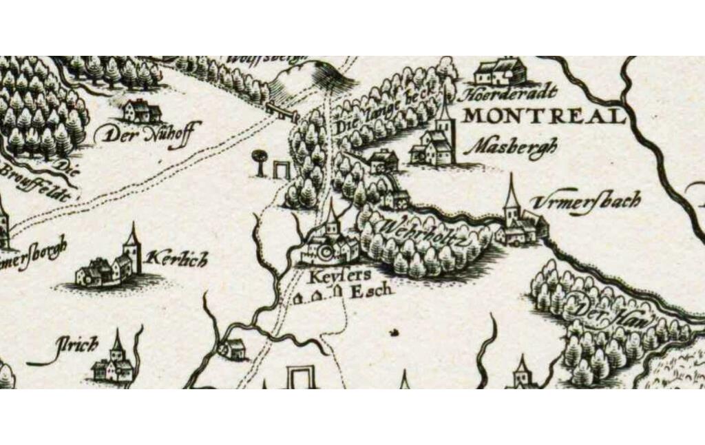 Ausschnitt einer Karte, die wohl im Kontext der Kartografen-Familie Mercator in der Mitte des 16. Jahrhunderts zu verorten ist, mit den Orten "Kerlich" (Landkern), "Keysers Esch" (Kaisersesch), "Masbergh" (Masburg) und Urmersbach.