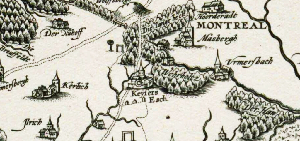 Ausschnitt einer Karte, die wohl im Kontext der Kartografen-Familie Mercator in der Mitte des 16. Jahrhunderts zu verorten ist, mit den Orten "Kerlich" (Landkern), "Keysers Esch" (Kaisersesch), "Masbergh" (Masburg) und Urmersbach.