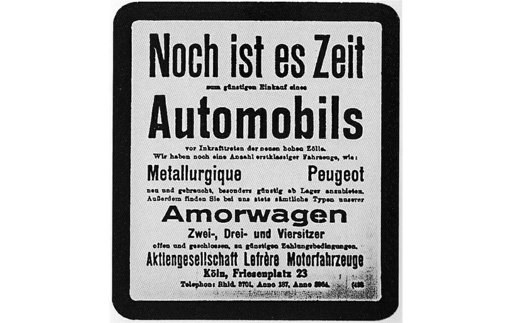 Werbeanzeige für die "Amorwagen" der Kölner Amor-Automobilbau GmbH bzw. Lefrère Motorfahrzeuge AG in der Kölnischen Zeitung vom 18.09.1925.