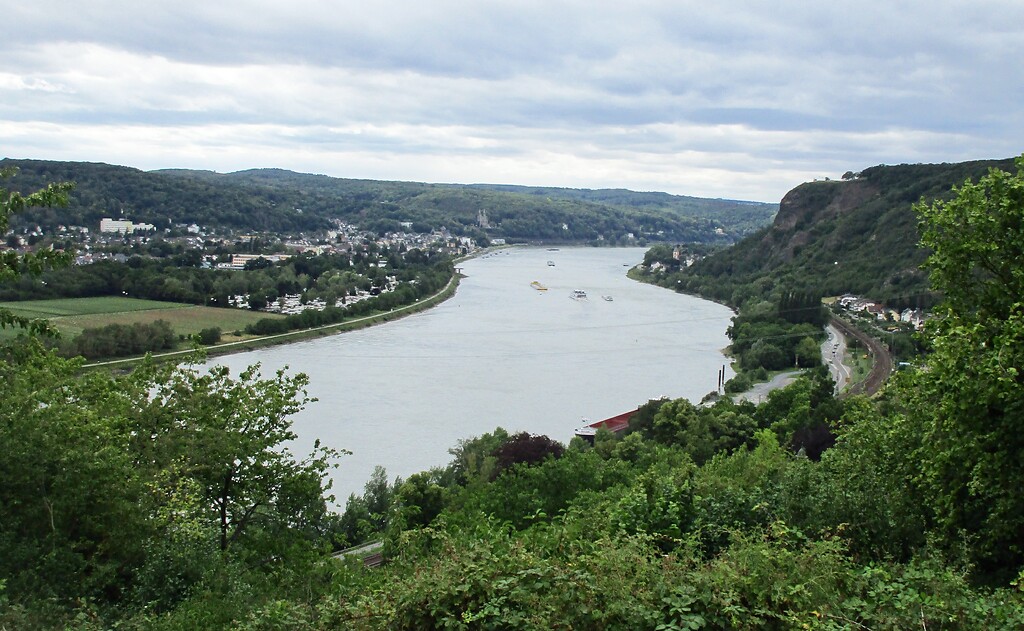 Blick von einer Anhöhe über dem Rhein in Richtung des Basaltfelsens der Erpeler Ley (rechts) und über den Fluss hinweg in Richtung der Stadt Remagen (2020).