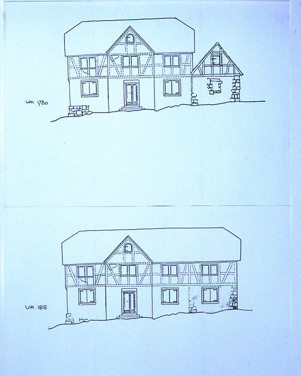 Rekonstruktionszeichnungen der Ansichten des Stroof-Hauses um 1780 (oben) und um 1820 (unten).