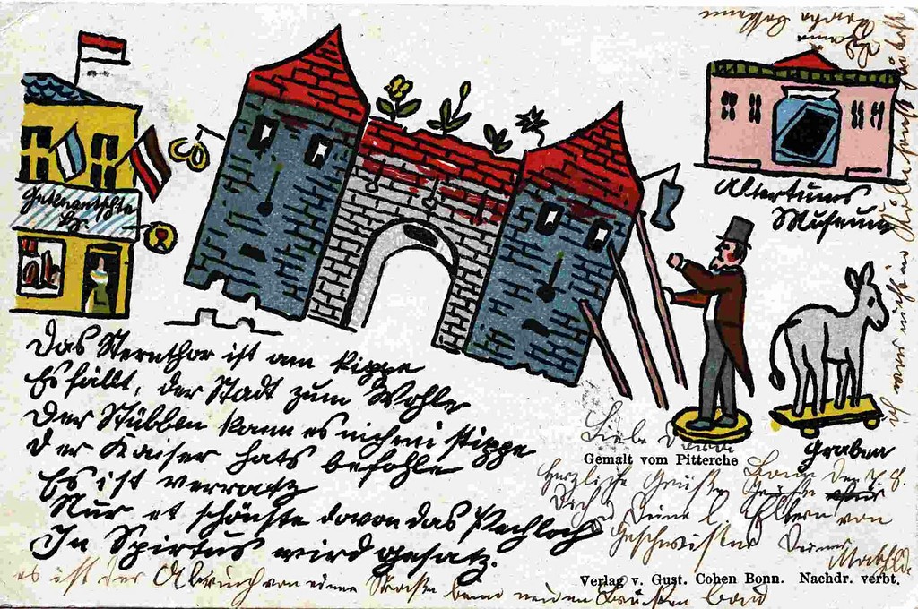 Karnevalspostkarte von 1898 zum geplanten Abriss des alten Tors
