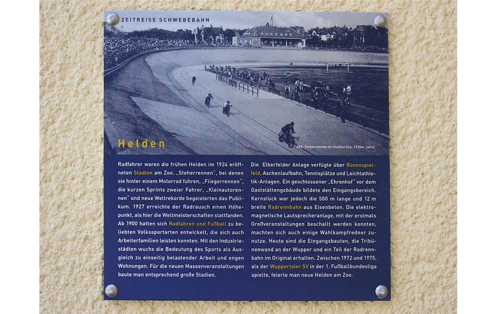 Eine Informationstafel am Stadion am Zoo in Wuppertal-Elberfeld, der Text erinnert an die Steherrennen auf der dortigen Radrennbahn in den 1920er Jahren (2008).