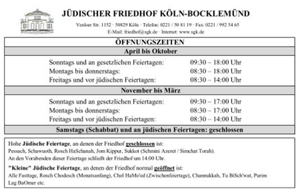 Hinweise zu Öffnungszeiten des Neuen Jüdischen Friedhofs Venloer Straße in Köln-Vogelsang (2015).