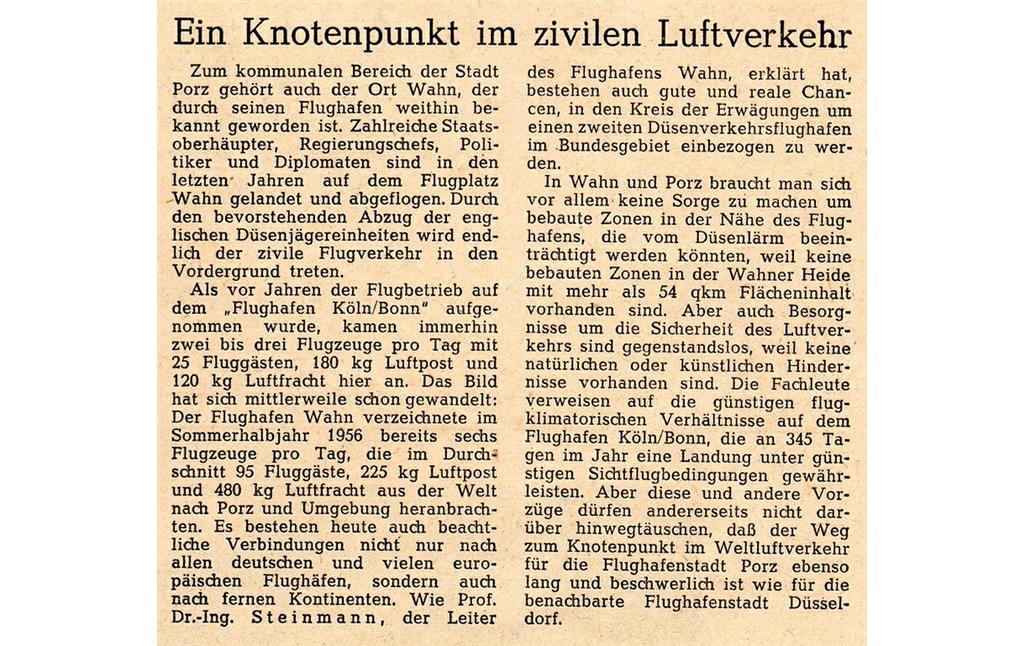 Zeitungsartikel "Ein Knotenpunkt im zivilen Luftverkehr" zum seit wenigen Jahren in Betrieb befindlichen Flughafen Köln/Bonn (1957).