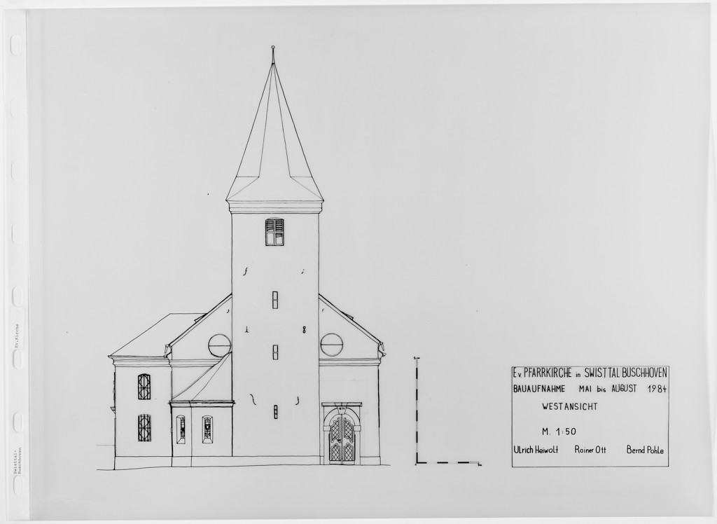 Plan der evangelischen Versöhnungskirche der Bauaufnahme Mai bis August 1984, Westansicht