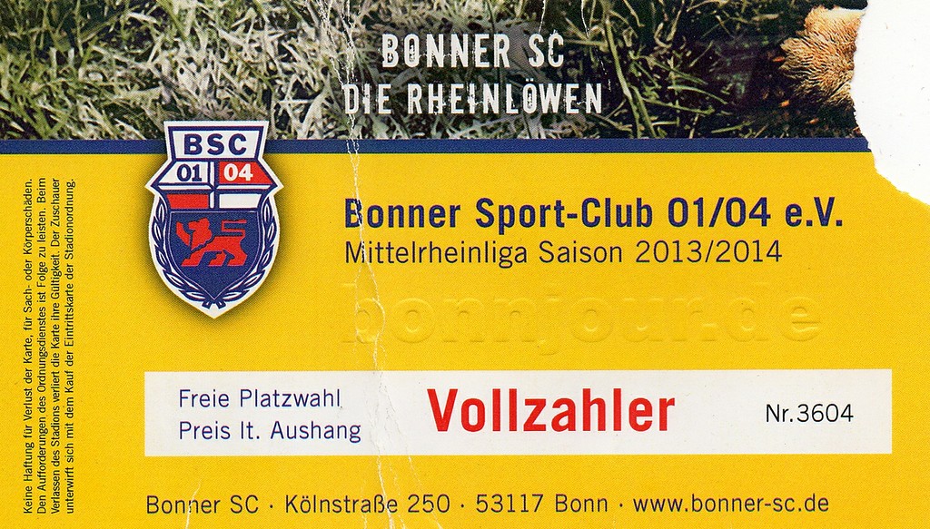 Eintrittskarte zu einem Mittelrheinliga-Fußballspiel des Bonner SC im Stadion des Sportpark Nord in Bonn (Saison 2013/14).