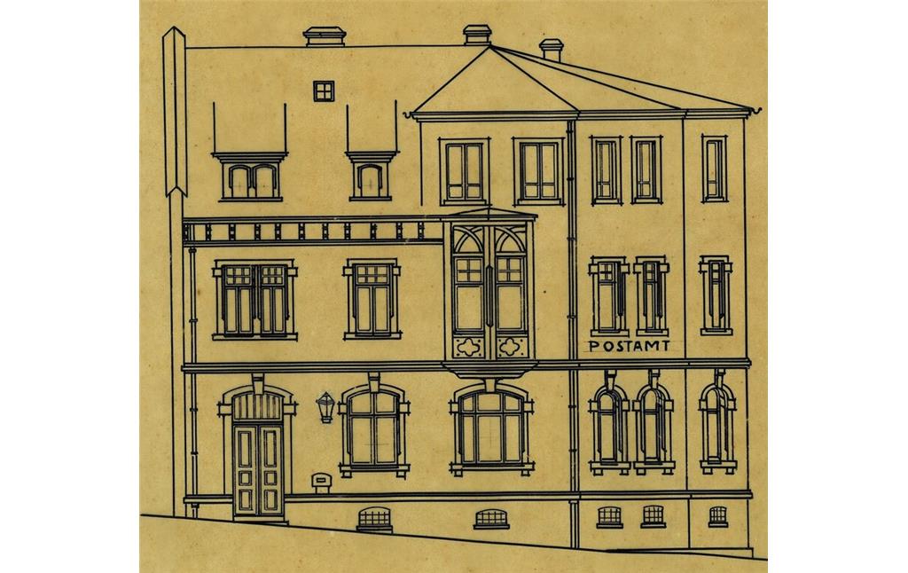 Zeichnung des ehemaligen Postamts in der Marktstraße 2 in Kaub, Vorderansicht (um 1910)