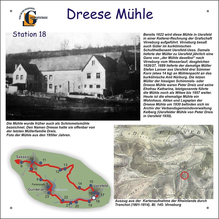 Informationstafel, Geschichtsstraße Abschnitt 1: Route Uersfeld-Gunderath, Station 18 Dreese Mühle.