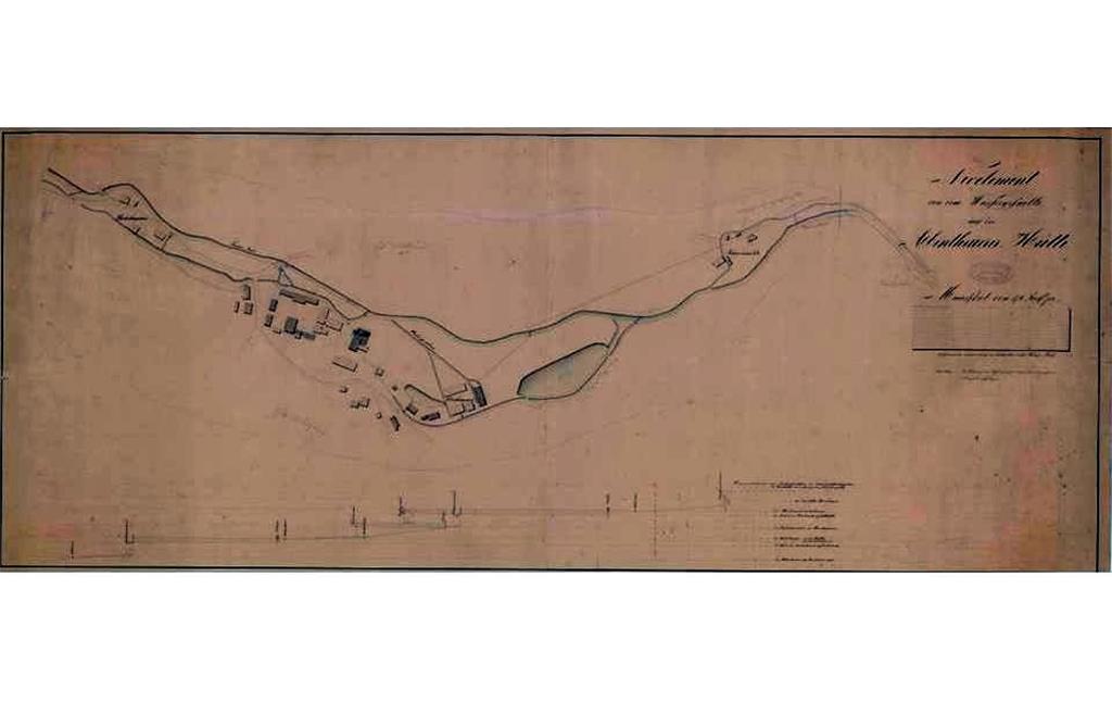 Historischer Lageplan mit Höhenplan des Traunbaches und abzweigender Gräben im Bereich der Eisenhütte Abentheuer (undatiert, wohl um 1800).
