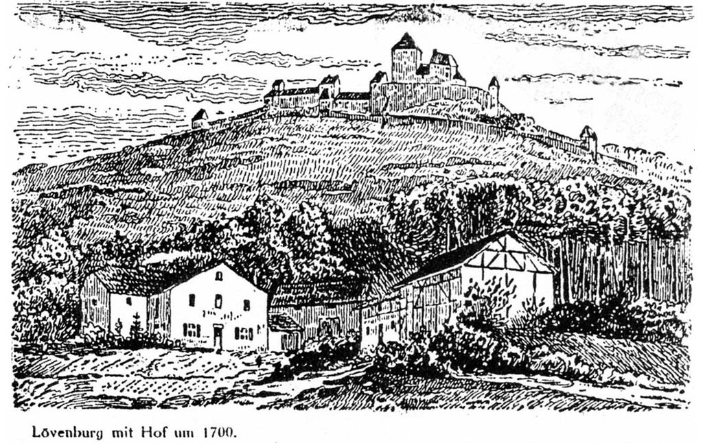 "Lövenburg mit Hof um 1700" betitelte Zeichnung der Löwenburg im Siebengebirge (aus der genealogischen Sammlung Ernst von Oidtman, 1854-1937)